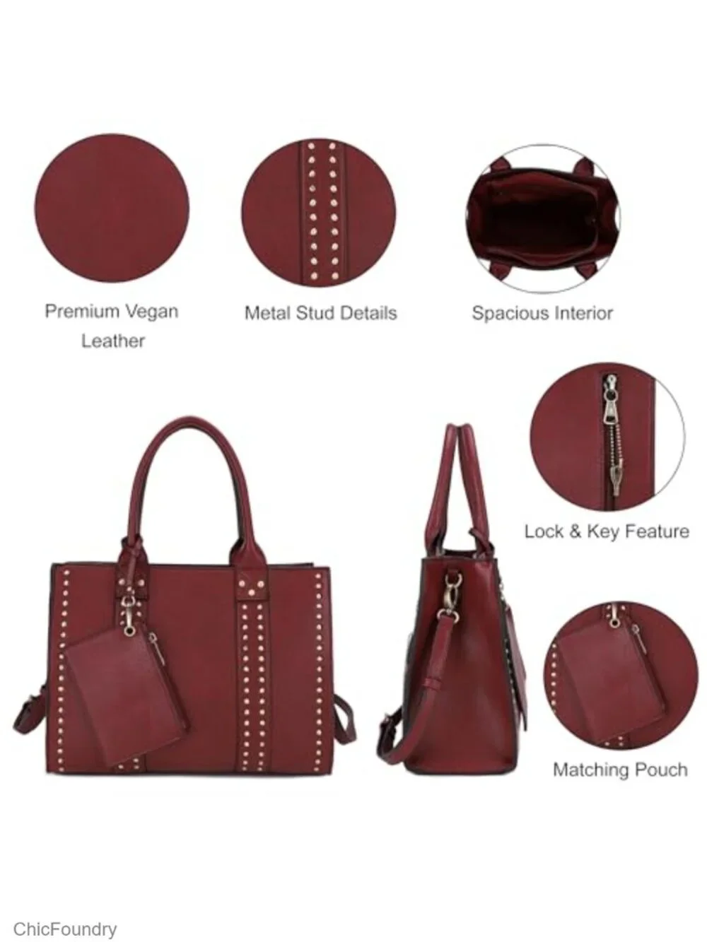 Vegan PU Leather Satchel Tote Handbag with Stud Accents Crossbody